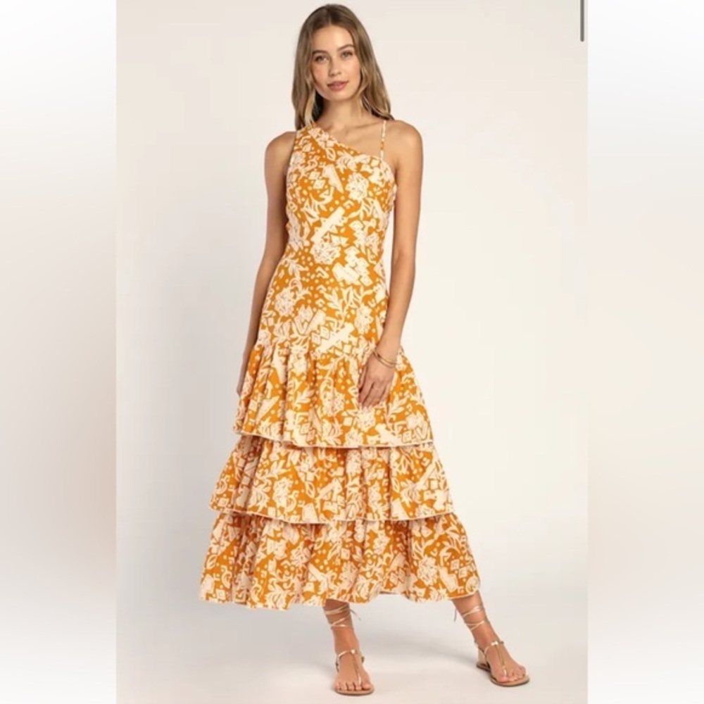 Lulu's Mustard Yellow and White Floral One-Shoulder Tiered Maxi Dress